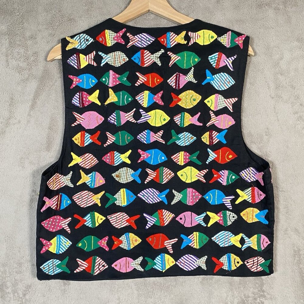 Vintage Artisan Fish Applique Vest M Folk Art to Wear Novelty Patchwork Colorful - Picture 8 of 15